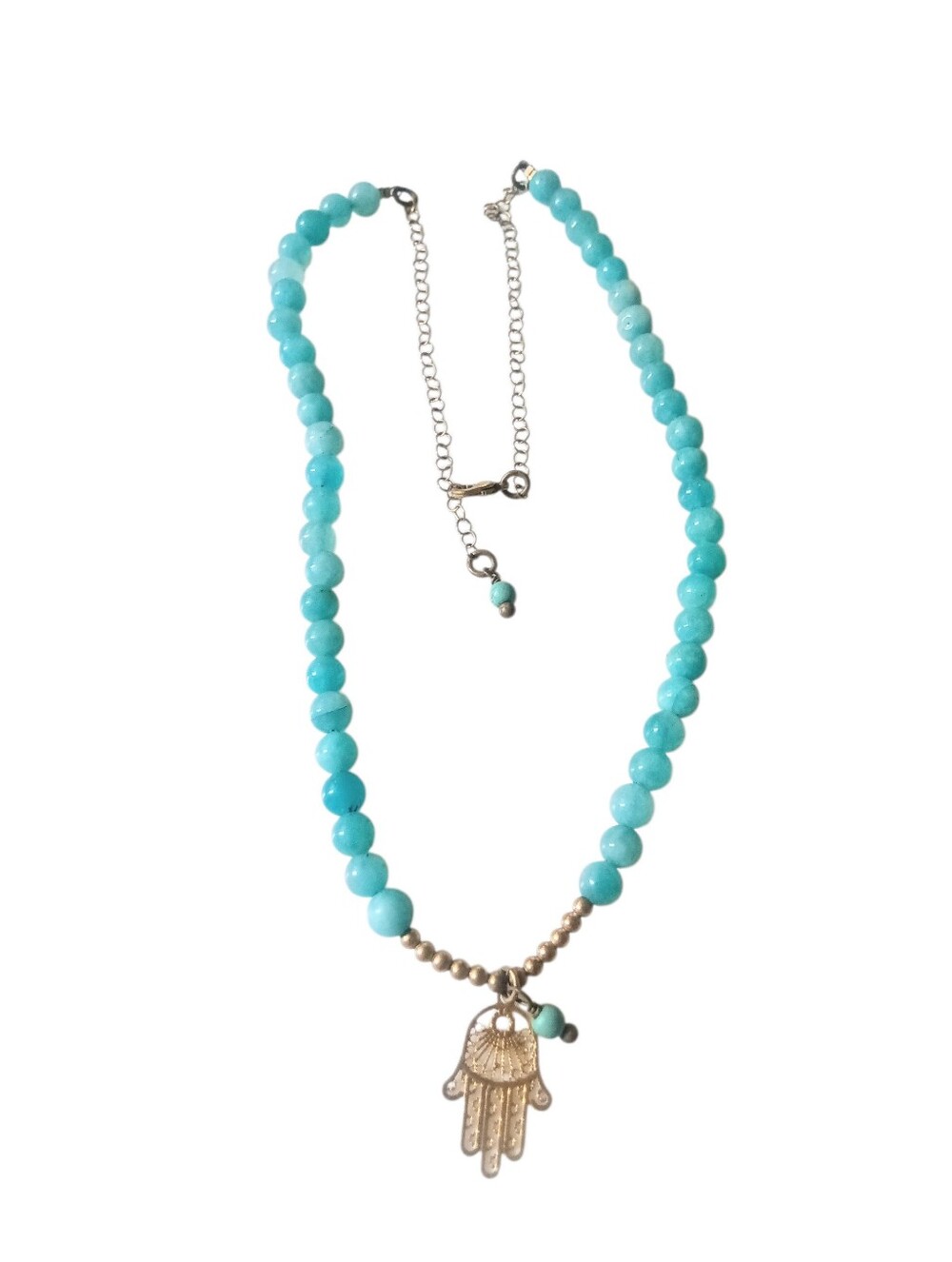 Turquoise Color Beads Gold-Tone Hamsa Necklace Gold Beads Silver-Tone Chain 10"